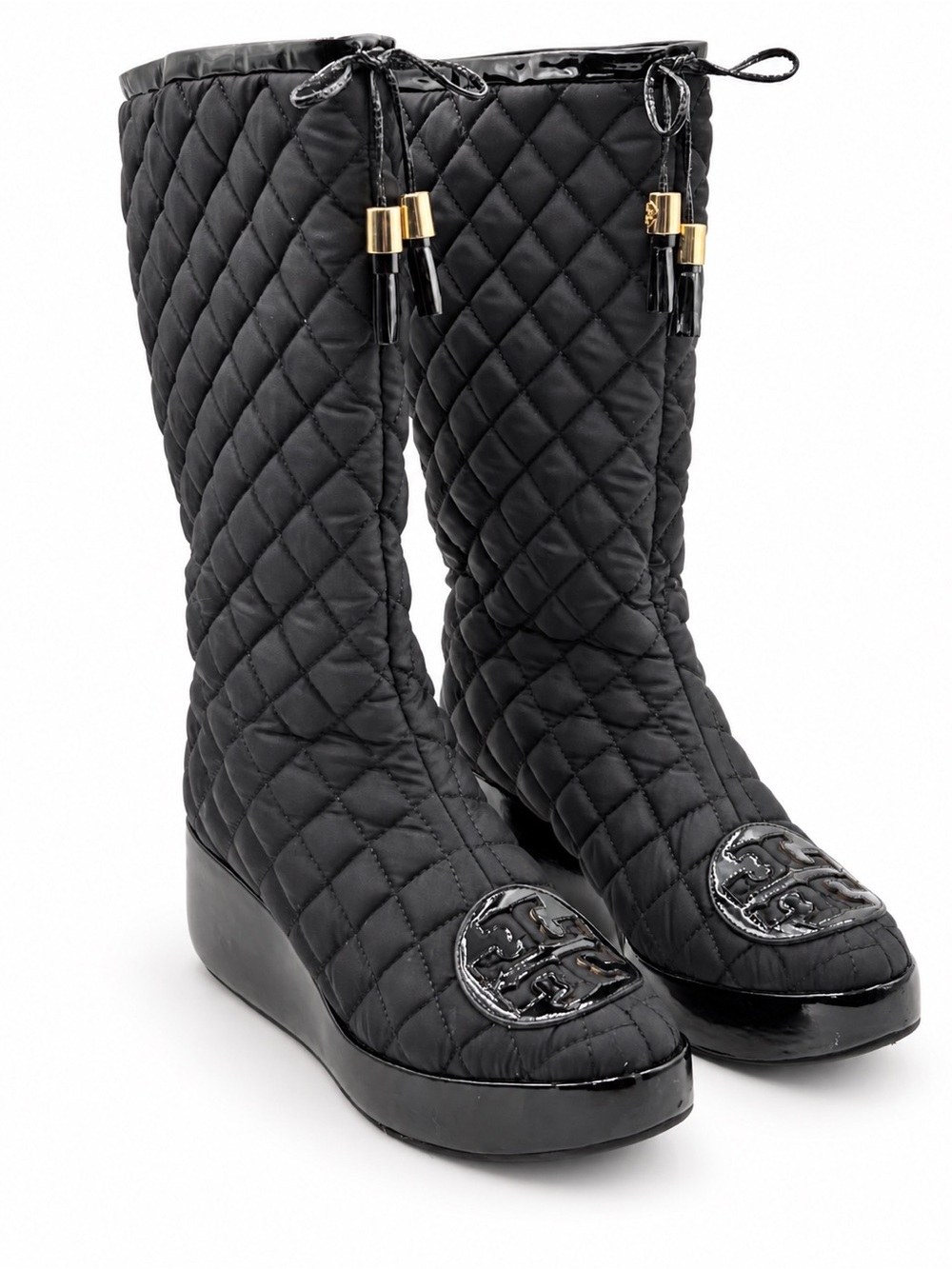 Tory Burch Gigi 10 Black Quilted Nylon Winter Snow Boots Patent Wedge Apres Ski